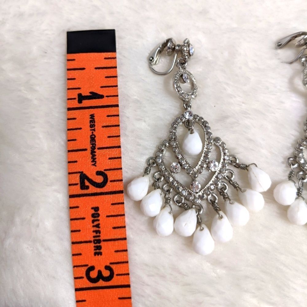 Vintage Rhinestone & White Acrylic Bead Chandelier Clip Earrings - Picture 6 of 7